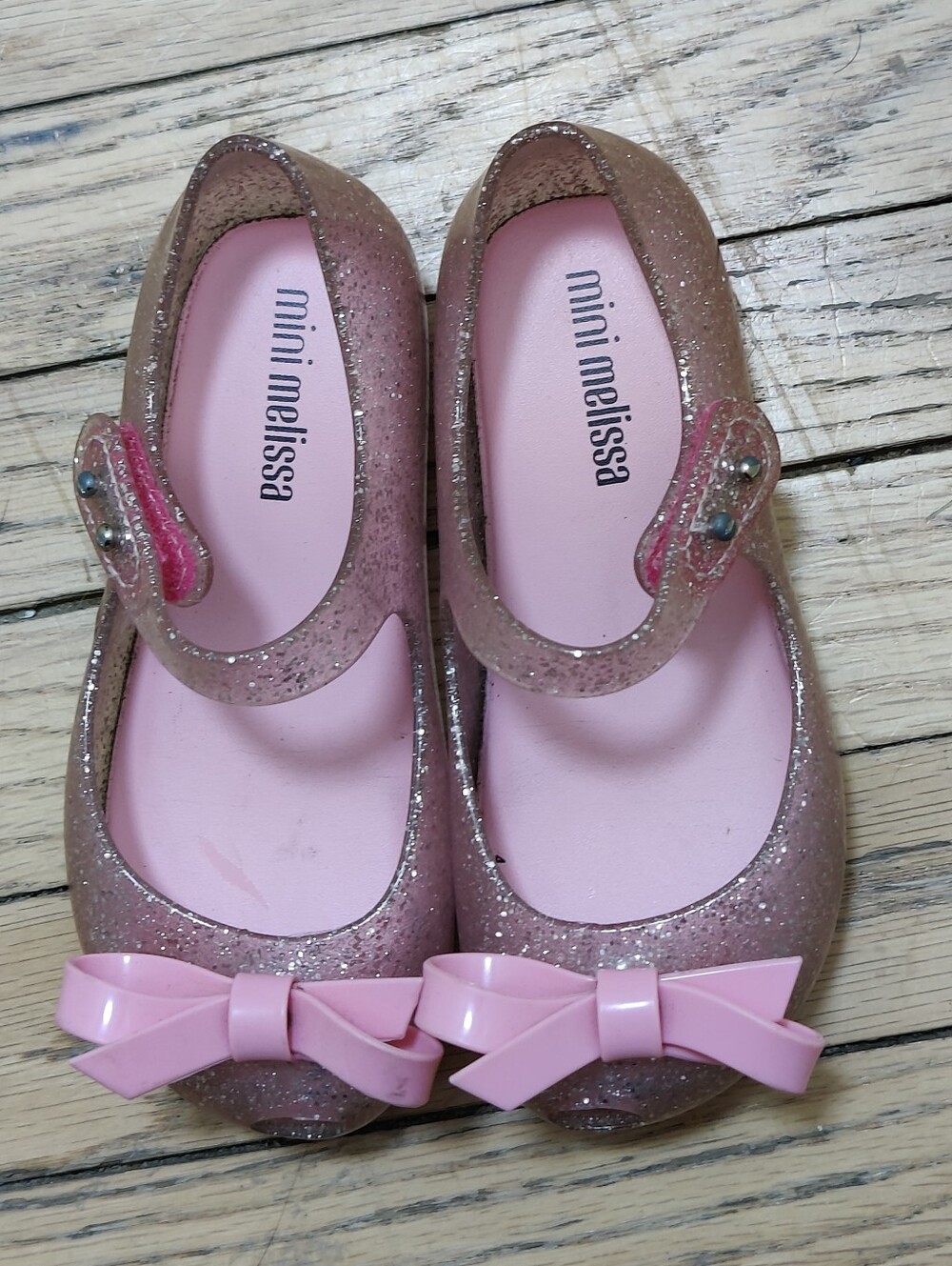 Mini Melissa Pink Glitter Jelly Mary Jane Shoes with Pink Bow